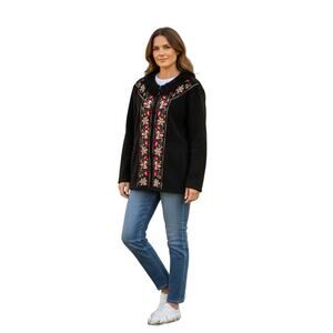 Maurice Sasson Vintage Black Embroidered Boho Jacket Leather Trim XL Folk Floral